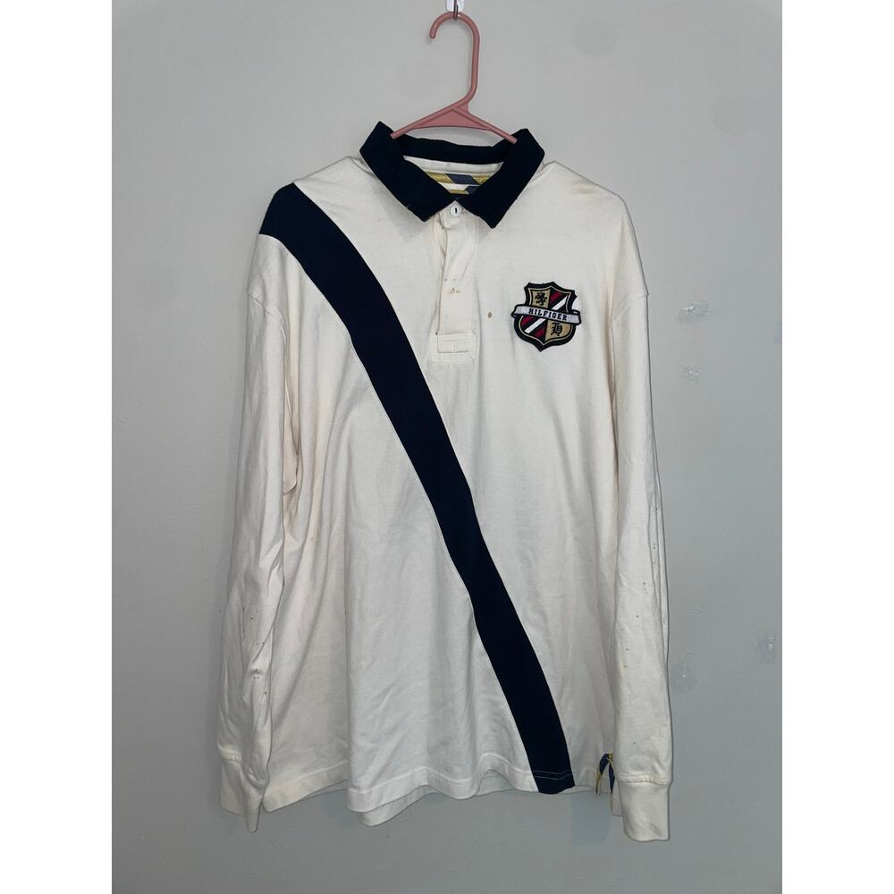Tommy Hilfiger Long Sleeve Polo Shirt  #8 White Stripe 2000s Y2K Vintage XL